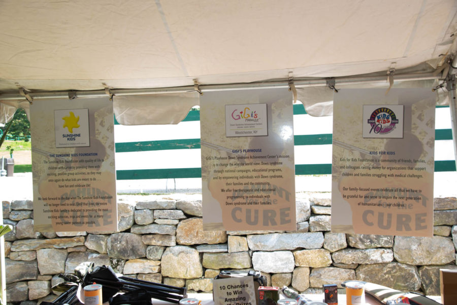 Charity tent with posters and raffle prizes