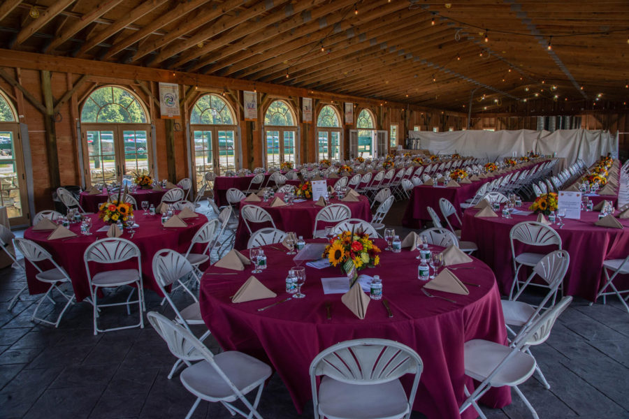 Rustic banquet hall with sunflower centerpieces