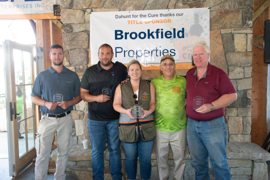 Group holding awards in front of sponsor banner