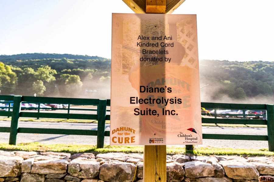 Outdoor charity signboard on wooden post