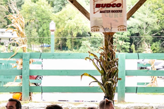 People at pavilion under Budco sponsor sign