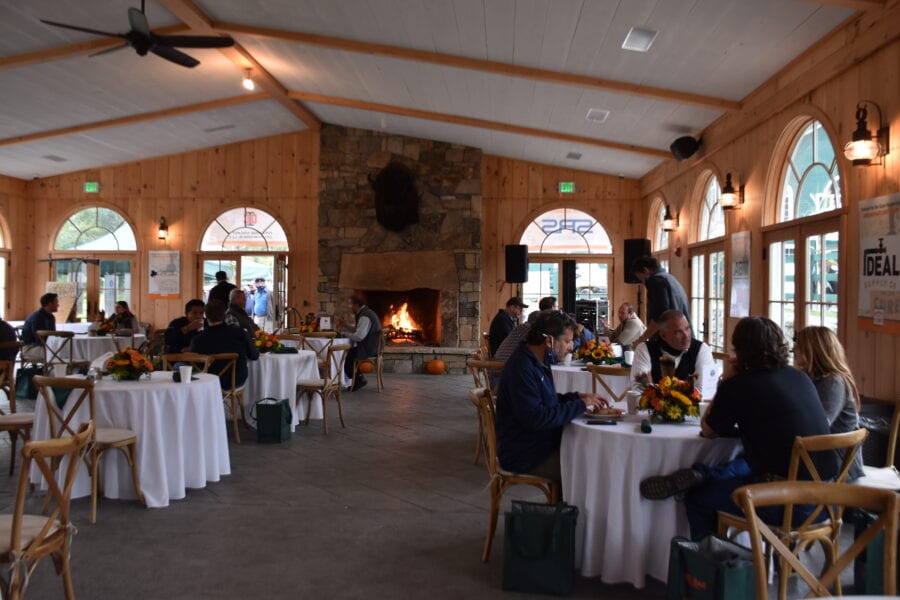 Cozy dining event with fireplace and wooden interior
